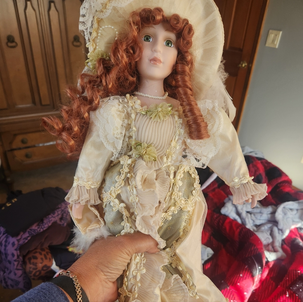 Victorian Style Porcelain Doll with Cream and Green Dress